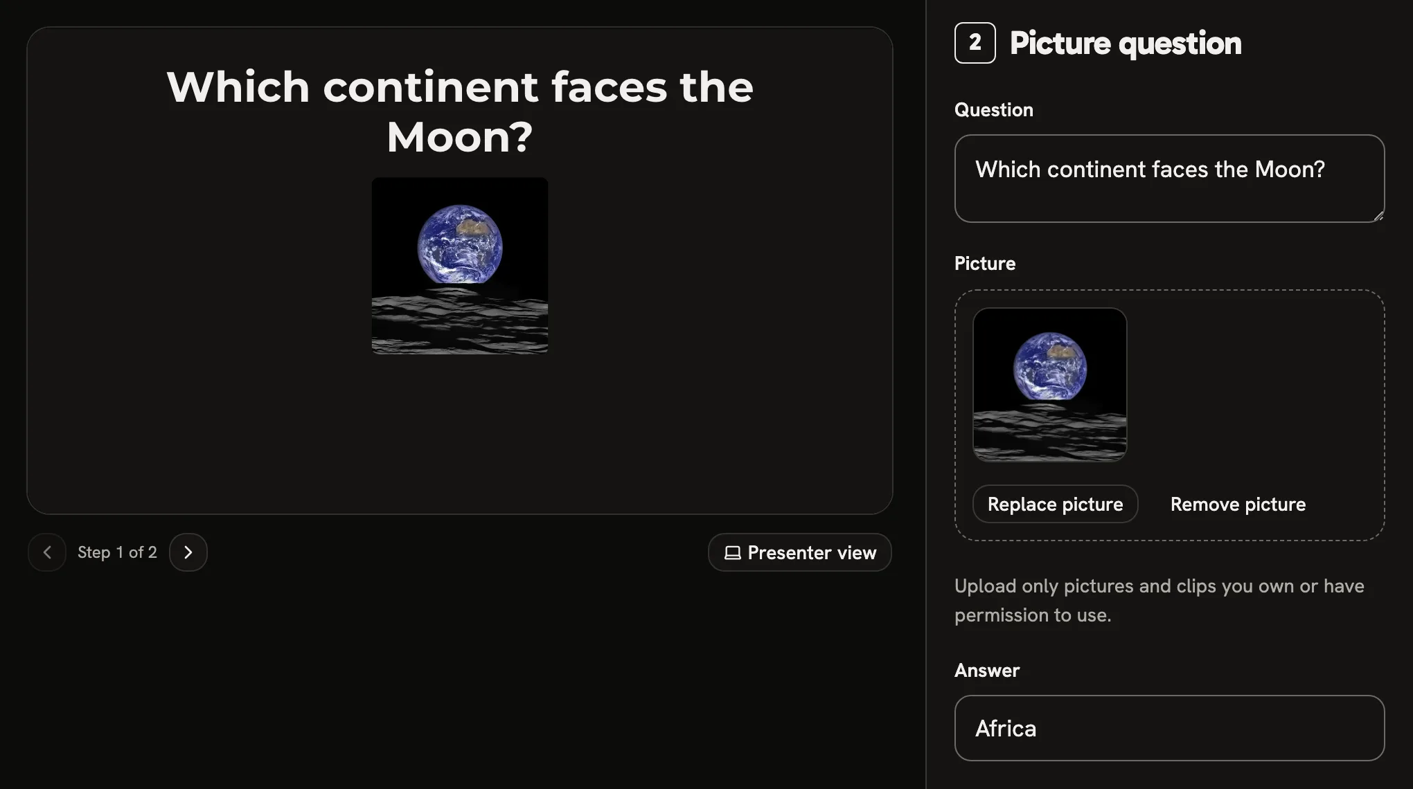 A picture question being written: which continent faces the Moon, a photograph of the Earth rising over the Moon, the answer Africa, beside the preview of the TV.