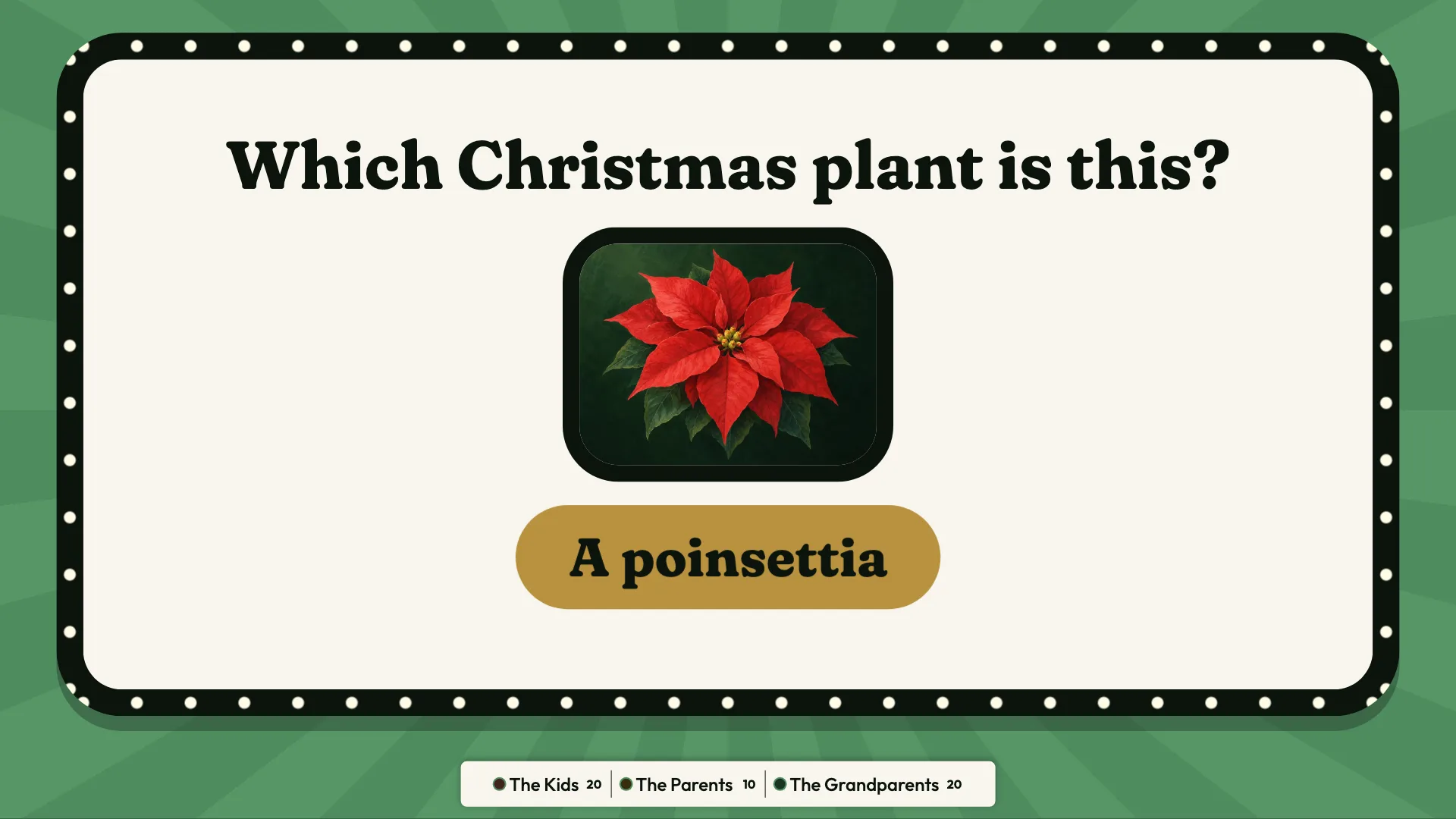 The TV in a dark front room with a picture question and its answer revealed: a poinsettia.